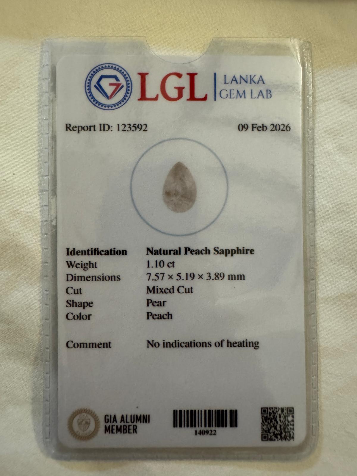 Natural Peach Sapphire - 1.10ct Pear - Image 9